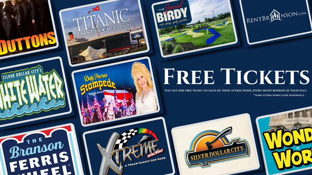 This dynamic interior image features colorful graphics, ‘Free Tickets’ text, and attraction logos, referencing amusement parks, live shows, and family-friendly activities. The vibrant scene suggests exciting excursions beyond the lake itself.